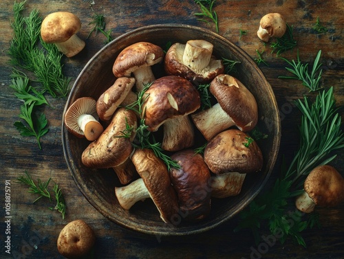 Wooden Bowl with Mushrooms and Herbs photo