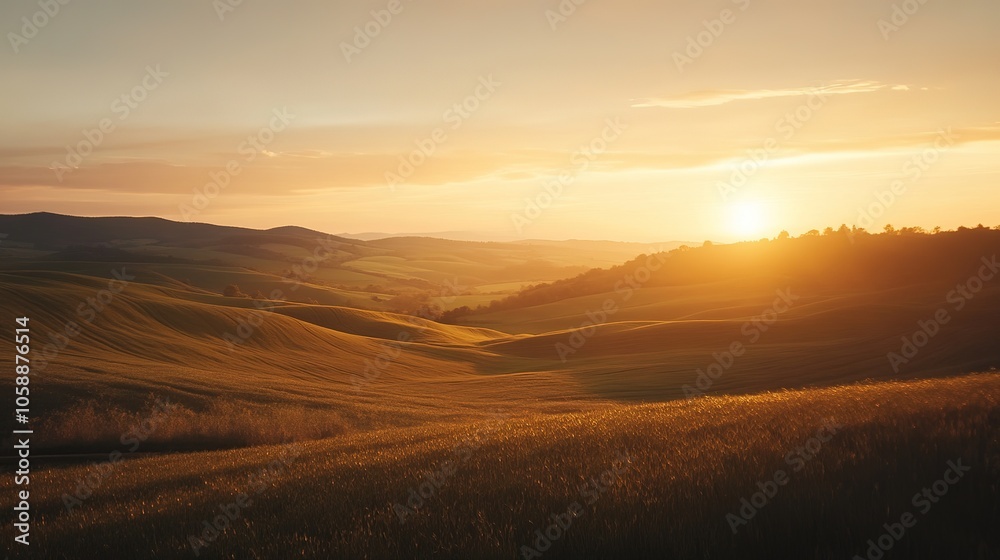 Golden sunset over rolling hills in a serene landscape, captured during late evening in a rural area Golden sunset over rolling hills in a serene landscape, captured during late evening in a rural area