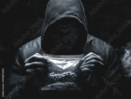 A man in a dark environment, holding a bag of pills or drugs, possibly a symbol for addiction and the opioid crisis. photo