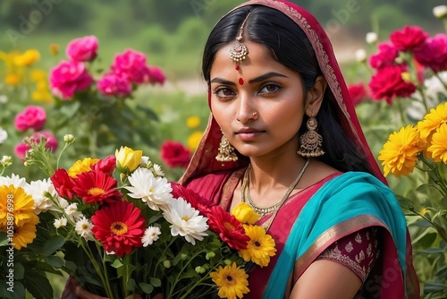 Elegant Indian woman holding a bouquet of colorful flowers in a vibrant outdoor setting 