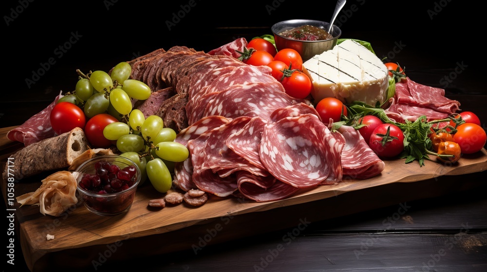 A colorful charcuterie board with meats, cheese, fruits, and garnishes on wood A colorful charcuterie board with meats, cheese, fruits, and garnishes on wood