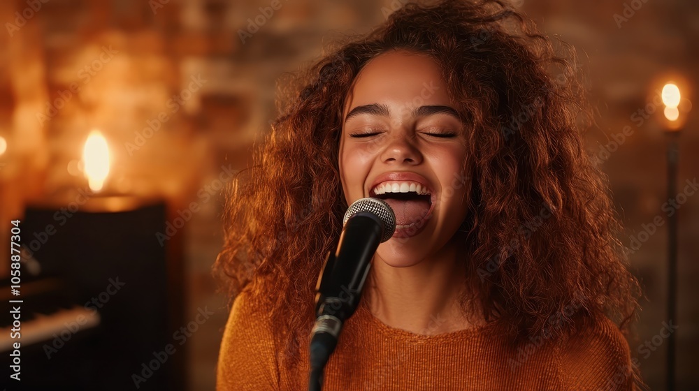 A joyful singer with curly hair sings passionately into a microphone in a warm, inviting setting. The room is softly lit, enhancing the performance's emotion. A joyful singer with curly hair sings passionately into a microphone in a warm, inviting setting. The room is softly lit, enhancing the performance's emotion.