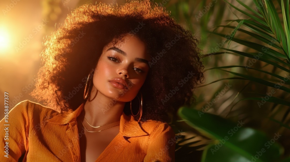 A portrait of a woman with curly hair and big hoop earrings, set in a warmly lit, lush green environment, suggests relaxation and beauty. A portrait of a woman with curly hair and big hoop earrings, set in a warmly lit, lush green environment, suggests relaxation and beauty.