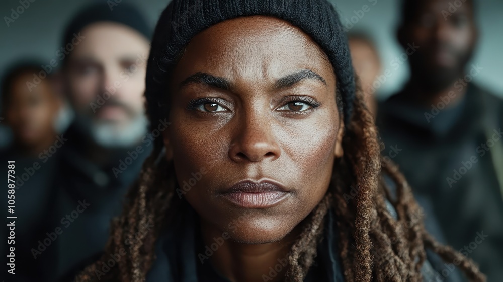 A strong woman with dreadlocks stares into the camera, surrounded by a slightly blurred crowd, embodying resilience and a sense of community. A strong woman with dreadlocks stares into the camera, surrounded by a slightly blurred crowd, embodying resilience and a sense of community.