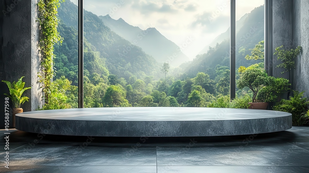 Fototapeta premium minimalistic gray stone podium set against a lush forest landscape, soft daily light highlighting the podium as a natural display platform for products or ideas
