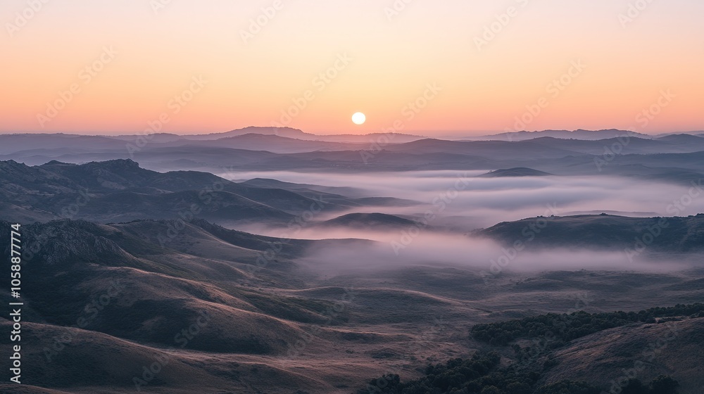 Mountain landscape at sunrise with mist rolling over hills creating a serene and picturesque morning view Mountain landscape at sunrise with mist rolling over hills creating a serene and picturesque morning view