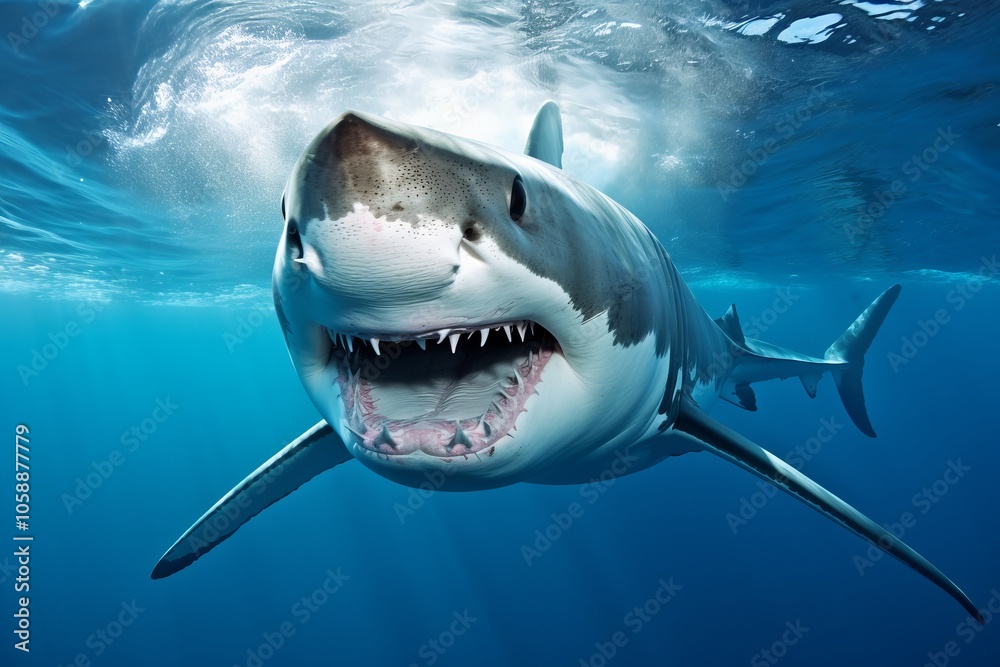 Obraz premium Close encounter with a great white shark swimming in clear ocean waters during daylight