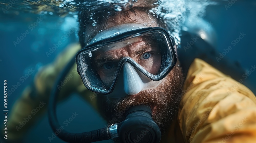 A diver maneuvers underwater, wearing bright yellow gear and a snorkel mask, showcasing focus and capability as he explores the mysterious aquatic environment. A diver maneuvers underwater, wearing bright yellow gear and a snorkel mask, showcasing focus and capability as he explores the mysterious aquatic environment.