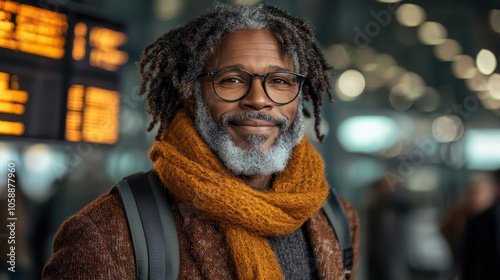 A man at a bustling station, warmly dressed in a scarf and coat, smiles calmly and confidently, bringing warmth and reassurance amidst a scene of movement and change.