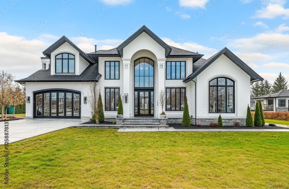 a modern home in Vancouver, with a white and grey exterior and large windows. The front view shows a green grass lawn and a black garage door. a modern home in Vancouver, with a white and grey exterior and large windows. The front view shows a green grass lawn and a black garage door.