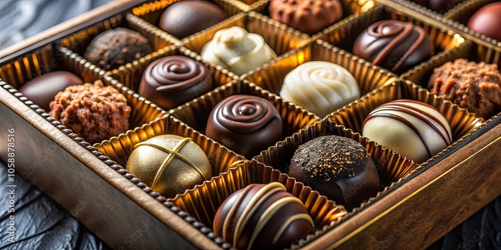 A wooden box filled with various chocolates, each one a unique delight, promises a sweet indulgence, the delicate gold paper lining highlighting the richness of the flavors. A wooden box filled with various chocolates, each one a unique delight, promises a sweet indulgence, the delicate gold paper lining highlighting the richness of the flavors.