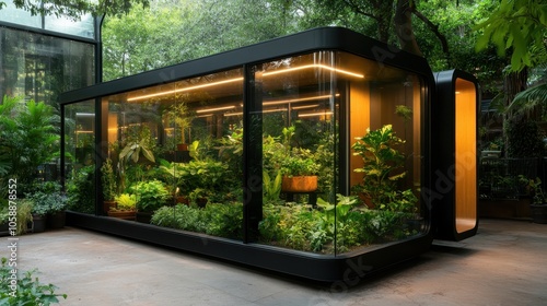 A compact indoor garden enclosed in a sleek, modern glass structure surrounded by thriving plants, illuminated by integrated soft lighting, creating a calm environment.