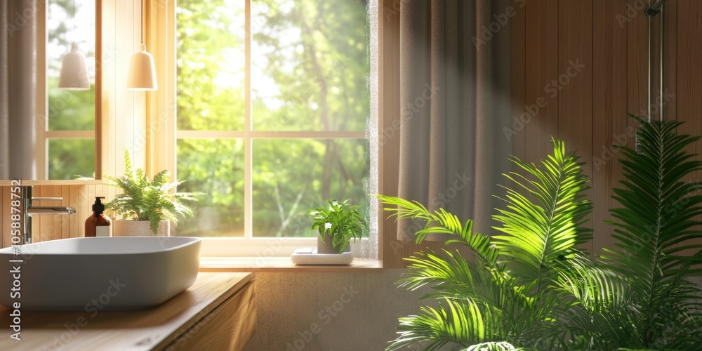 Fototapeta premium A modern bathroom with a large window, allowing natural light to flood the space and create a serene atmosphere. The room is adorned with lush greenery and sleek wooden elements