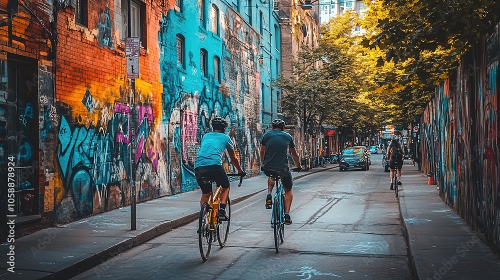 custom made wallpaper toronto digitalUrban cyclist enjoying the vibrant street art and towering skyscrapers in a lively downtown area during a bright sunny day