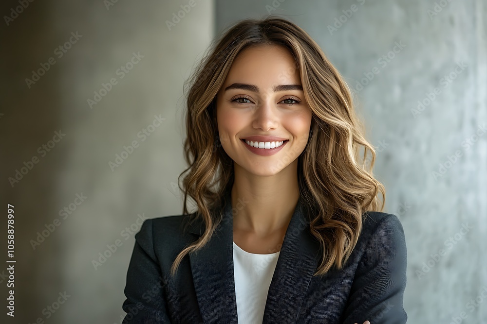Successful Businesswoman Smiling with Natural Makeup on Grey Wall Successful Businesswoman Smiling with Natural Makeup on Grey Wall