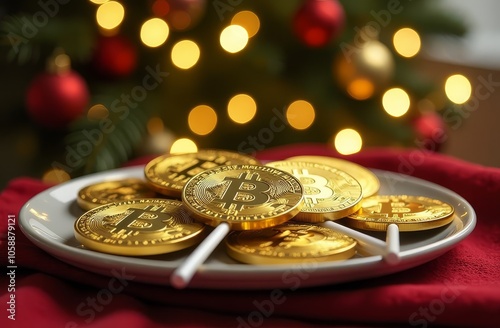 Lollipops in packaging in the form of bitcoin coins lie on a plate against a festive background