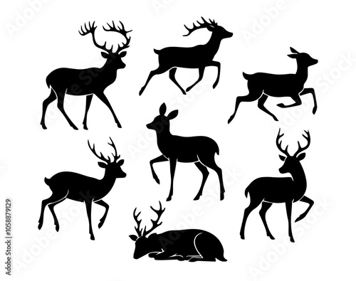 Deer Silhouette Set - Elegant Stag and Doe Vector Collection for Wildlife, Holiday, and New Year Design Elements