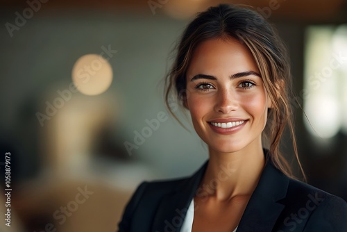 Successful Businesswoman with Bright Smile in Black Blazer.