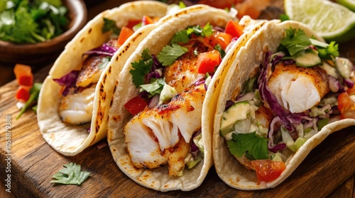 Three fish tacos with salsa, lime, and herbs.