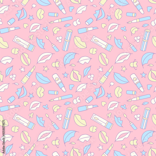 Lips and lipstick. Vector seamless pattern with lips, lipstick, hearts and stars.