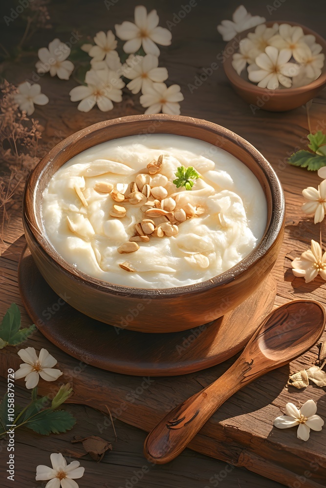 Poster Product Creamy Dessert with Nuts and White Flowers. Illustration background for presentation Poster Product Creamy Dessert with Nuts and White Flowers. Illustration background for presentation