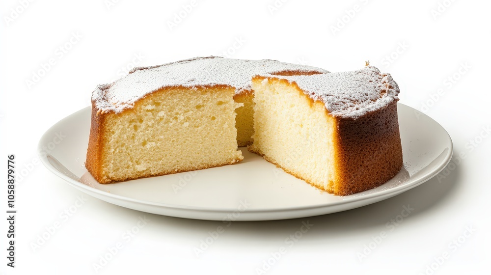 Delicious homemade sponge cake with powdered sugar on a white plate Delicious homemade sponge cake with powdered sugar on a white plate