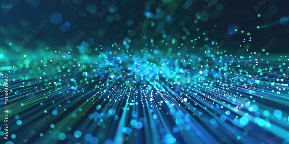 Vibrant digital network of light data, representing modern technology and internet connectivity. Bright beams of information stream through a grey background.