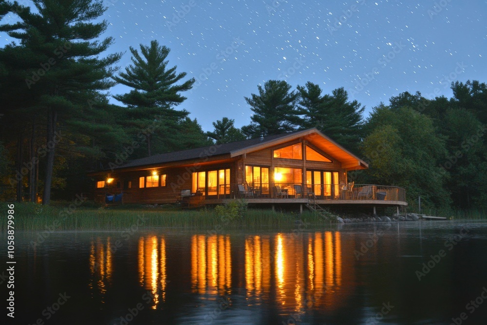 Fototapeta premium A cozy cabin on the lake under a sky full of stars