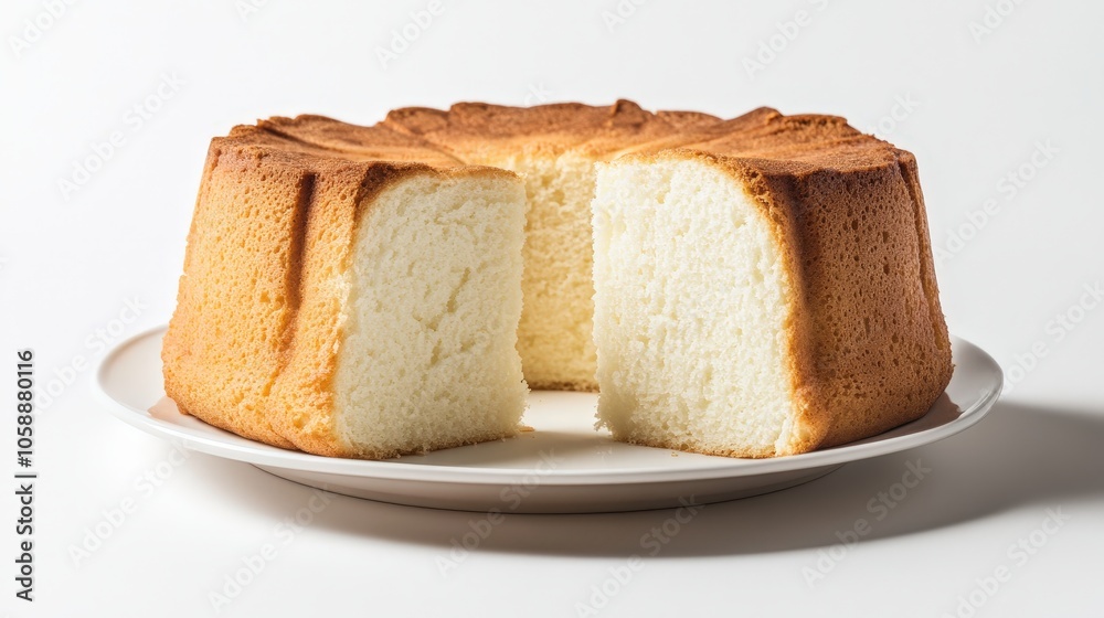 Fluffy homemade angel food cake on a white plate with a slice removed Fluffy homemade angel food cake on a white plate with a slice removed