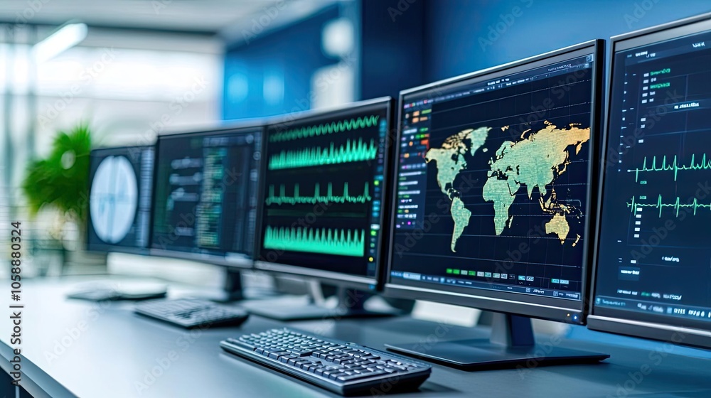 Multiple monitors displaying data analytics in a modern office environment. Multiple monitors displaying data analytics in a modern office environment.