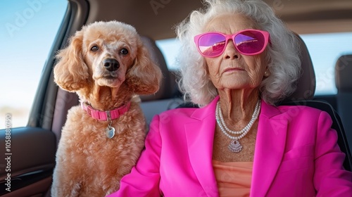 A classy elderly woman in bright pink and pearls sits in a car beside her dog. They both project a sense of style, togetherness, and joyful vitality.