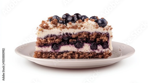 Delicious blueberry cheesecake slice with crumbly topping on a white plate