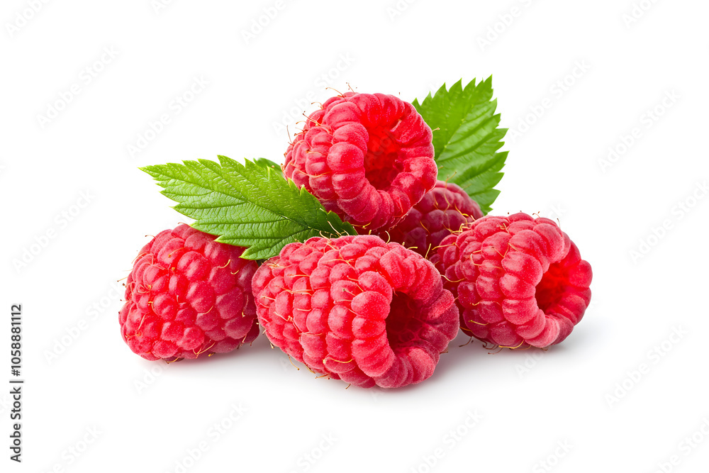 Cluster of Red ripe raspberries with green leaves isolated on a white background. Cluster of Red ripe raspberries with green leaves isolated on a white background.