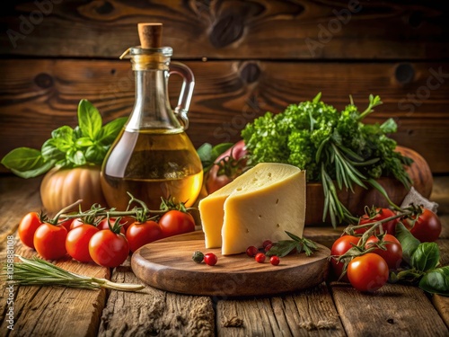 Rustic Cheese and Tomato Still Life with Fresh Herbs and Olive Oil in Natural Light