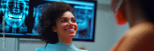 The dentist showing a happy patient her dental X-rays on a screen , understanding her dental care progress. photo