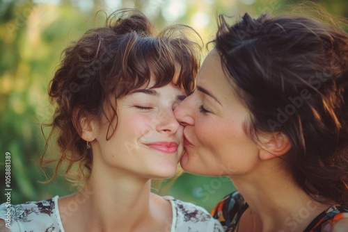 Two women sharing a loving moment, an adult kissing the cheek of a younger female relative.