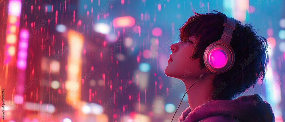 A person wearing headphones gazing at the vibrant city skyline at dusk, illuminated with colorful lights in the background A person wearing headphones gazing at the vibrant city skyline at dusk, illuminated with colorful lights in the background