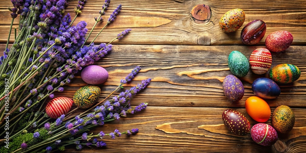 A Delicate Arrangement of Painted Easter Eggs and Blooming Lavender on a Rustic Wooden Surface A Delicate Arrangement of Painted Easter Eggs and Blooming Lavender on a Rustic Wooden Surface