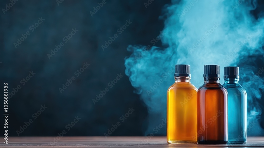 Three vape bottles in different colors stand aligned on a wooden surface against a misty background, highlighting diversity and innovation in modern lifestyle products. Three vape bottles in different colors stand aligned on a wooden surface against a misty background, highlighting diversity and innovation in modern lifestyle products.