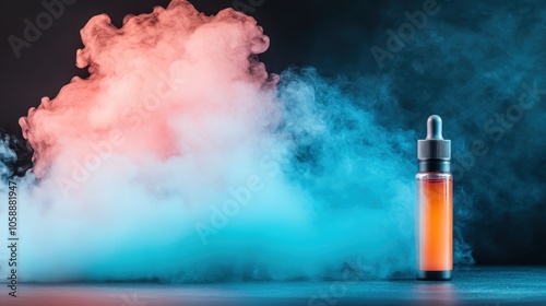 A narrow vape bottle with orange liquid stands center stage among vibrant clouds of colored smoke, evoking sensations of innovation and contemporary style. photo