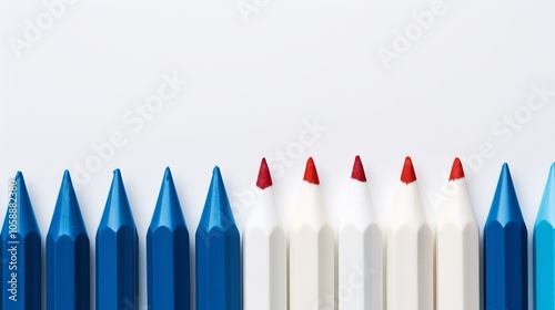Colorful arrangement of blue and red colored pencils on a white surface highlighting creativity