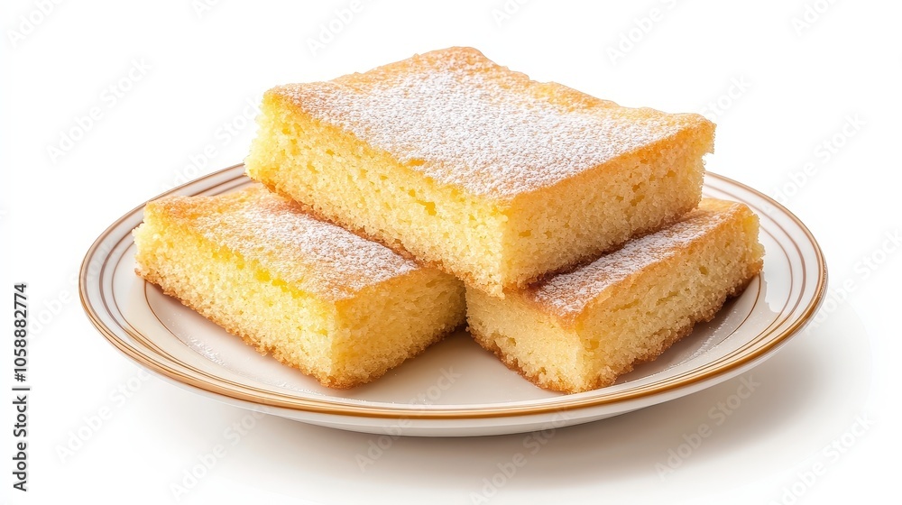 Delicious lemon cake slices perfectly presented on a plate with powdered sugar Delicious lemon cake slices perfectly presented on a plate with powdered sugar