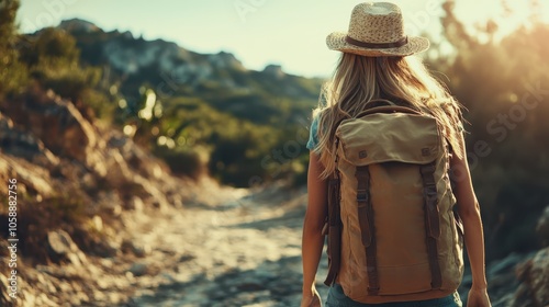 A solo hiker with a backpack and a sun hat treks through a rugged mountain trail, embodying adventure, exploration, and a connection with the natural world. photo