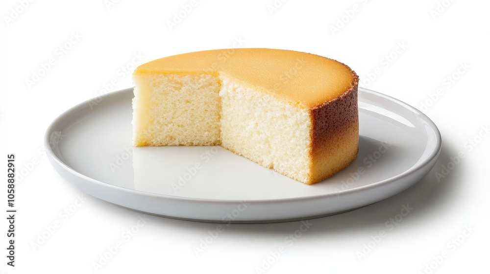 Delicious japanese cheesecake on white plate with slice missing Delicious japanese cheesecake on white plate with slice missing