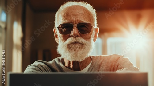 An elderly man with a white beard wearing sunglasses, looking confidently at the camera as warm sunlight filters into the room, portraying wisdom and serenity. photo