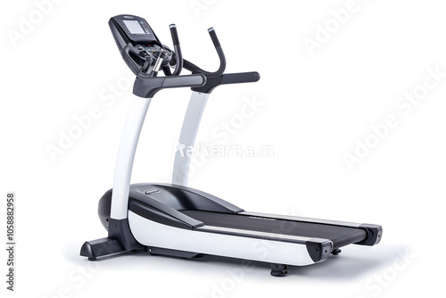 Modern low-impact elliptical trainer machine with adjustable resistance and digital display for tracking workout progress isolated on white 