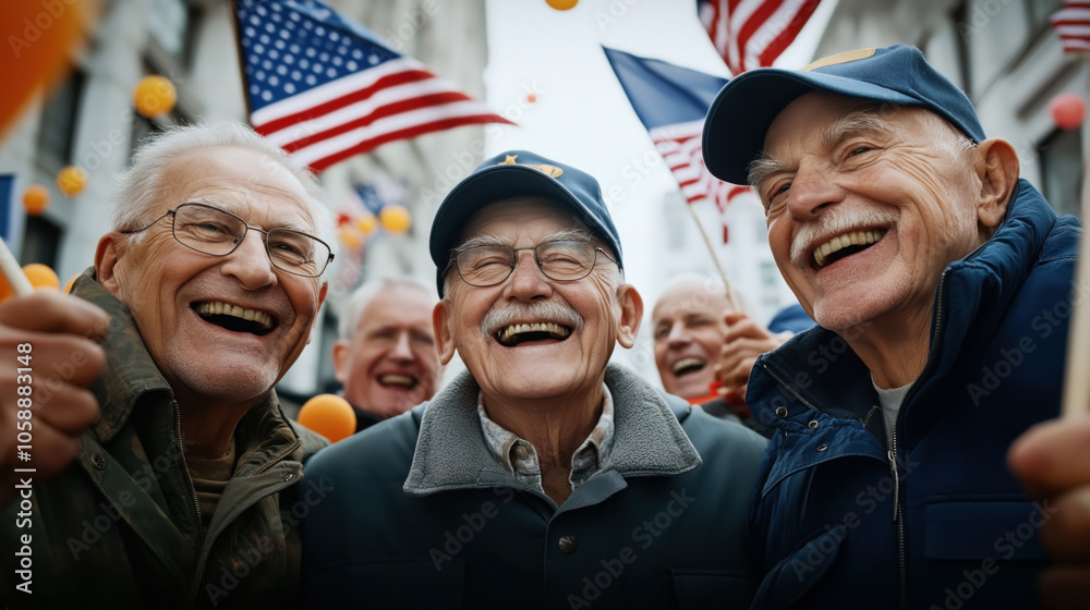 Fototapeta premium Group of smiling elderly men at a patriotic event, holding American flags and wearing casual outdoor clothing, enjoying the festive atmosphere in a city street.