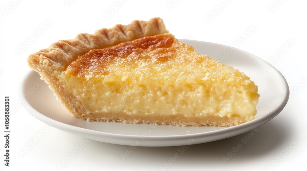 Creamy custard pie slice on white plate: delicious dessert delight with sugar topping Creamy custard pie slice on white plate: delicious dessert delight with sugar topping