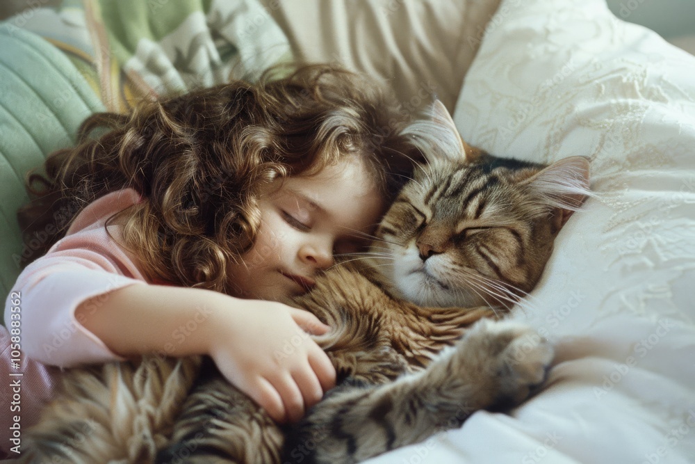 A young child and a cat nap together cozily, embodying warmth and companionship amidst soft pillows and a peaceful setting. A young child and a cat nap together cozily, embodying warmth and companionship amidst soft pillows and a peaceful setting.