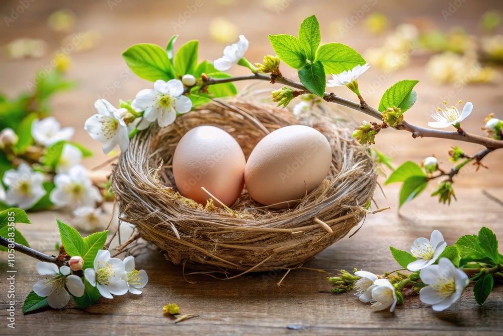 Serene Nest with Eggs Surrounded by Blossoms and Leaves - A Symbol of New Life and Springtime Serene Nest with Eggs Surrounded by Blossoms and Leaves - A Symbol of New Life and Springtime